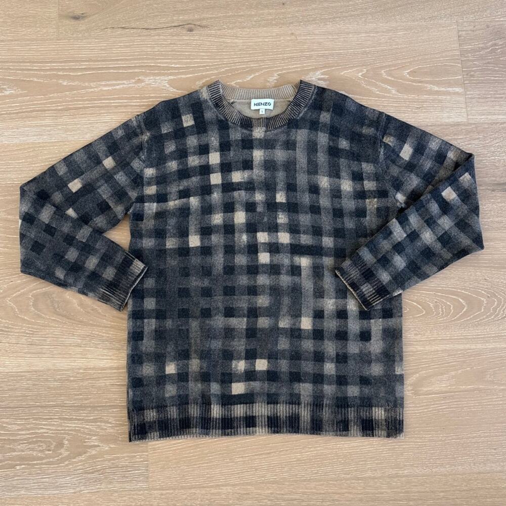 Kenzo 100% Wool Sweater Crew Neck Irregular Plaid Ghost Check Size S Beige Black